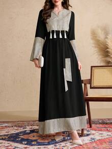 Al Najma Women's Elegant Arabic Style Splice Fringe Sleeve Long Dress, Arabian Dresses - Black - View 1