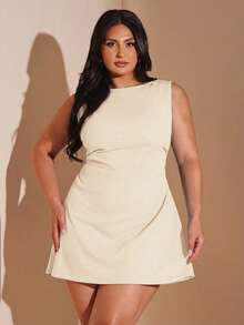 SHEIN BAE Gaun Mini Merah Berkerut untuk Wanita Ukuran Plus, Gaun Liburan Pantai yang Elegan - Aprikot - View 2