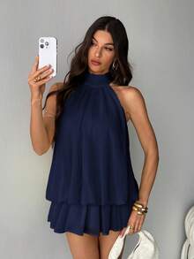 SHEIN Tall Vestido Curto Elegante Feminino Amarelo Claro com Amarração no Pescoço, Adequado para Festa, Encontro, Outono/Inverno, Primavera/Verão