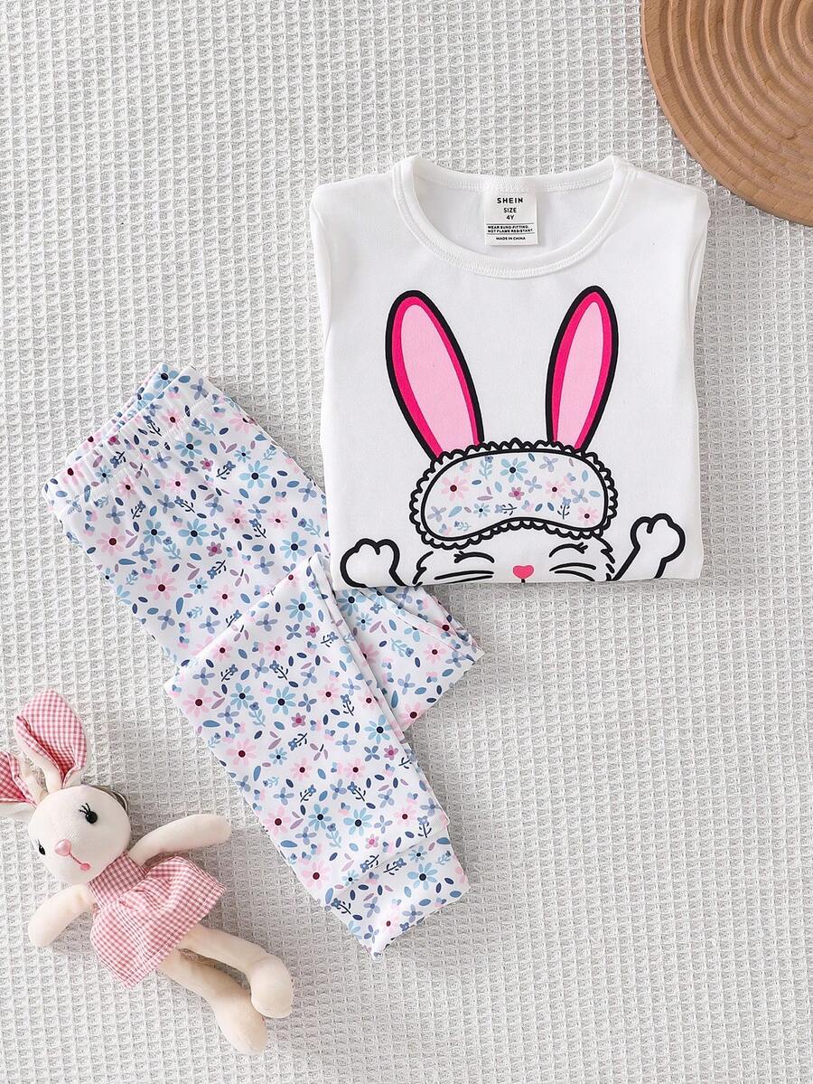 SHEIN GraphicGems Set de 2 piezas de pijama para niña pequeña con leggings y body de manga corta con estampado floral y de conejo - Multicolor - Ver 1