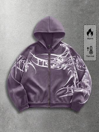 Men's Casual Fashionable Street Punk Style Graphic Print Zip-Up Hooded Fleece Sweatshirt, Autumn/Winter