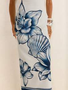 CAJUNI 女士碎花印花休闲优雅吊带连衣裙，适合度假 - 藍白色 - 查看 5