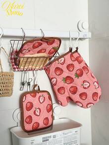 Strawberry Pattern Kitchen Thickened Cooking Microwave Gloves And Insulation Mat For Daily Home Use Kitchen Restaurant Oven Gloves Insulation Mat Set 2PCS 4PCS - Strawberry - View 8