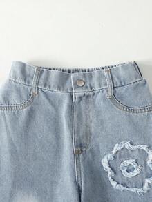 Leap Crew Tween Girls' Casual Everyday Commute Cute Floral Embroidered Elastic Waist Loose Wide Leg Jeans - Light Wash - View 4