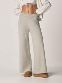 MISSGUIDED 毛绒阔腿高腰针织裤，弹性腰带，适合秋冬季舒适居家穿着 - 灰色 - 查看 1