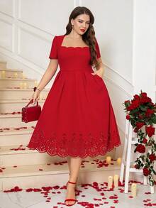 Vestido de mujer de talla y longitud media con cuello cuadrado y adorno de concha - Albaricoque - Ver 10