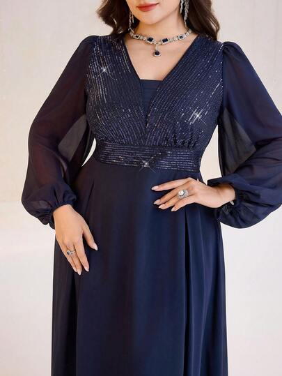 Modelyn Elegant festklänning i plusstorlek för kvinnor med paljettmönster och lanternärmar, åtsittande midja