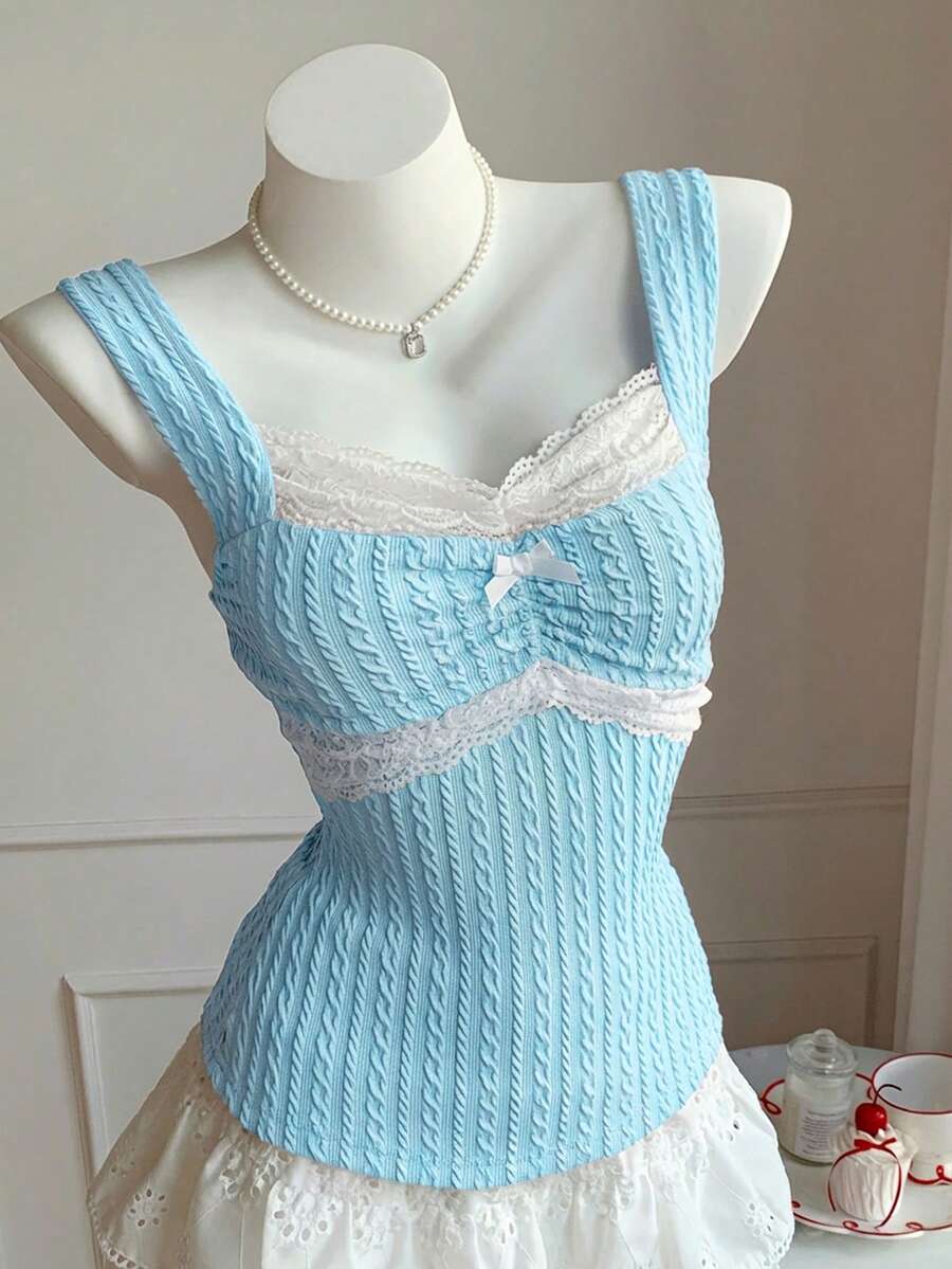 Comfortcana Áo tank top ôm dáng không tay, dây bản rộng, phối ren tương phản dành cho nữ, điểm nhấn là nơ. - Màu xanh lam - Xem 1