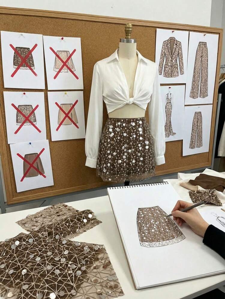 Apricot Color Sequin See-Through Skirt For Ladies