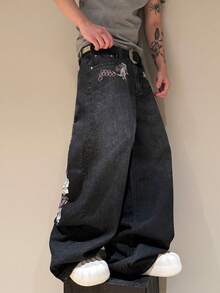 STEELVANCE Street Fashion Peony Embroidery Multi-Color Studded Design Casual Loose Wide-Leg Washed Denim Pants Valentine's Day