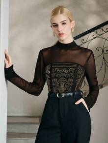 Anewsta Elegant Delicate Embroidered Beaded Mesh Blouse - Black - View 5