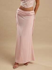 SHEIN BAE 纯色杏粉色垂褶领口系带腰身女士长款薄纱雪纺半身裙，性感透视沙滩裙，度假沙滩裙，夏季半身裙，粉色半身裙，适合优雅派对、夜店、音乐节等场合 - 粉色 - 查看 3