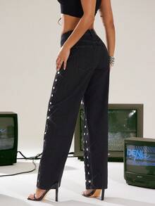 Denimoi Gold Studded Detail Straight Leg Denim Jeans, Fashionable, Fall And Winter - Black - View 5