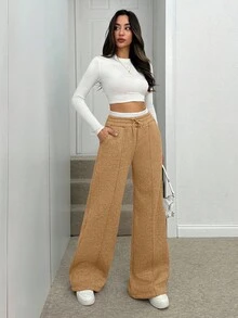 SHEIN Tall Cottnline Women Belt Detailed Wide Leg Grey Melange Sweatpant - Camel - View 3