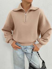 SHEIN Tall 100%純棉領口拉鍊圖案寬鬆版衛衣，適合高個女性 - 米色 - 查看 5