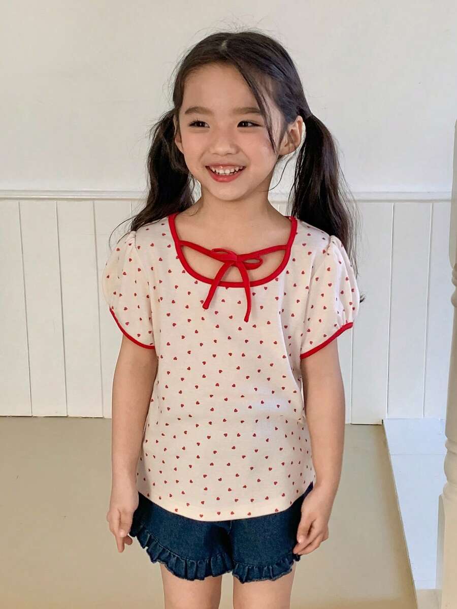 DAZY Young Girls Round Neck Polka Dot Tie Casual Short Sleeve T-Shirt, Fall - Beige - View 1