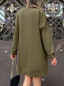 EURMUSE Cotton Solid Drop Shoulder Split Hem Sweatshirt Dress - Army Green - View 2