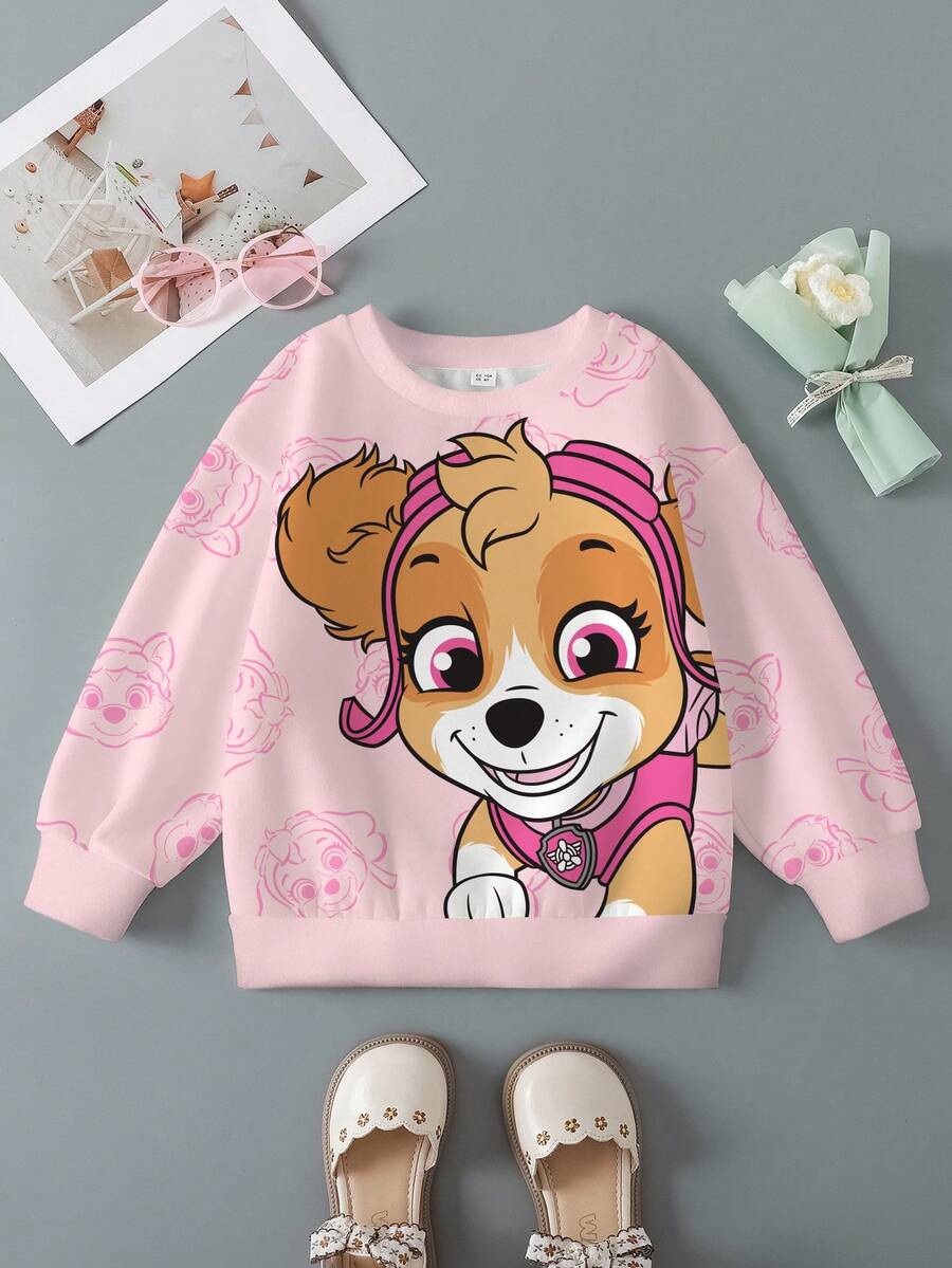 SHEIN | PAW Patrol 少女卡通图案圆领长袖卫衣 - 白色 - 查看 1