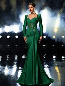 Glamrae 优雅奢华的串珠亮片拼接弹力针织美人鱼长裙，长袖设计，适合婚礼、派对、度假、盛大晚宴和正式场合。 - 墨綠色 - 查看 1