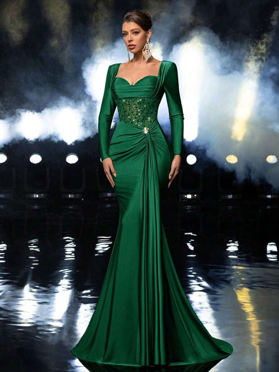 Glamrae 优雅奢华的串珠亮片拼接弹力针织美人鱼长裙，长袖设计，适合婚礼、派对、度假、盛大晚宴和正式场合。 - 墨綠色 - 查看 1