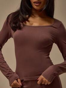 MUSERA ESSENTIALS Top din bumbac cu guler scund, mânecă lungă, croit, coordonat, doar top confortabil, drăguț, de zi cu zi, esențial pentru relaxare, primăvară-vară - Maro ciocolata - Vizualizare 2