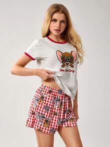 TOM & JERRY X SHEIN 女士可爱卡通印花短袖圆领上衣和格子短裤睡衣套装，夏季 - 淺灰色 - 查看 5
