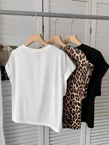 SHEIN LUNE Bộ 3 món áo thun nữ mùa hè kiểu dáng thường ngày tay cánh dơi màu trơn và áo thun họa tiết da báo, thích hợp cho mùa xuân hè. - Nhiều màu - Xem 2