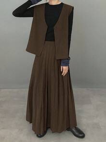 FRIFUL 女式深灰色纯色无袖上衣和百褶裙两件套，秋季 - 棕色 - 查看 4