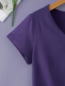 INAWLY Solid V Neck Tee - Purple - View 4