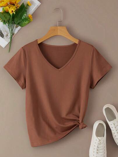 INAWLY 纯色 V 领 T 恤