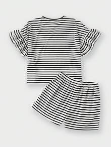 SHEIN 2pcs/Set Tween Girl Round Neck Short Sleeve Striped Ruffle Sleeve T-Shirt And Striped Shorts Set,Kids - Black and White - View 3