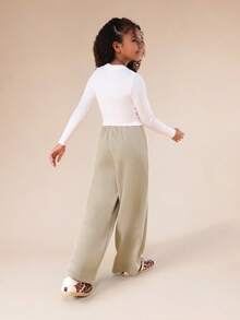 SUMWON Printed Long Sleeve Ribbed T-Shirt And Wide Leg Jogger Co-Ord Set For Tweens Casual Vacation - White - View 2