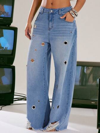 Denimoi Jeans de mezclilla con tachuelas en forma de aros, jeans de declaración, jeans de novio, ropa de calle de moda