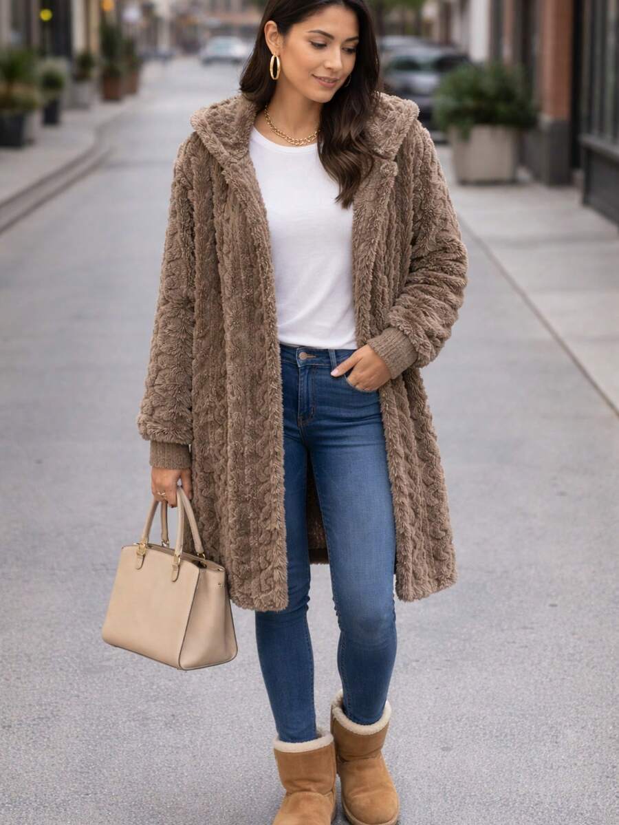 Abrigo Ligero Delgado Calentito De Peluche con Puño, de uso diario, informal otoño invierno, casual con capucha - Cafe - Ver 1