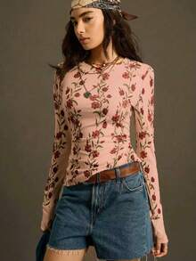 SoleilVie Áo thun dài tay cổ tròn in hoa mới mùa xuân hè, kiểu dáng retro, vintage, đa năng, phù hợp mặc đi làm, chất liệu mềm mại, thân thiện với da, thích hợp mặc ngoài trời, áo thun nữ in hình họa tiết Valentine. - Bụi hồng - Xem 4