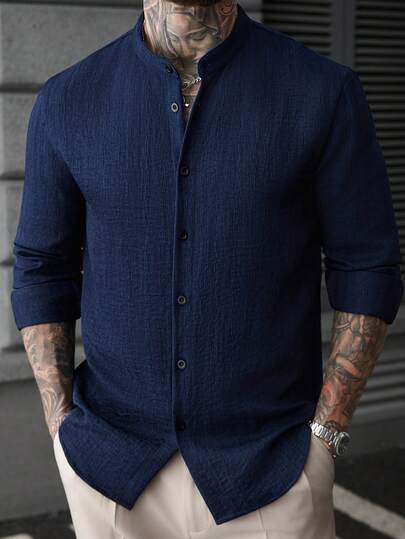 Manfinity CasualCool 男士纯色立领提花条纹休闲商务长袖衬衫，秋季款