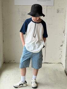SHEIN Tween Boy Blue And White Stripe Raglan Sleeve Round Neck T-Shirt,Summer Casual Back-To-School Clothes For Outdoor Play,School Korean Fashion Tops - Multicolor - View 6
