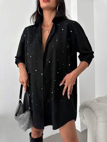 EURMUSE 珍珠串珠落肩袖襯衫