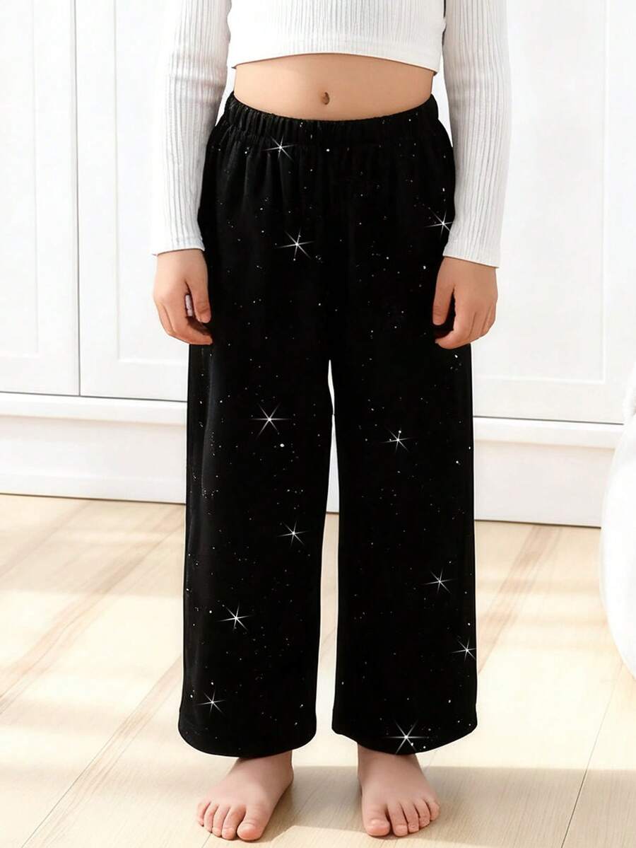 SHEIN ChillGRL Young Girl's Woven Letter Graphic Casual Straight Leg Pants - Black - View 1