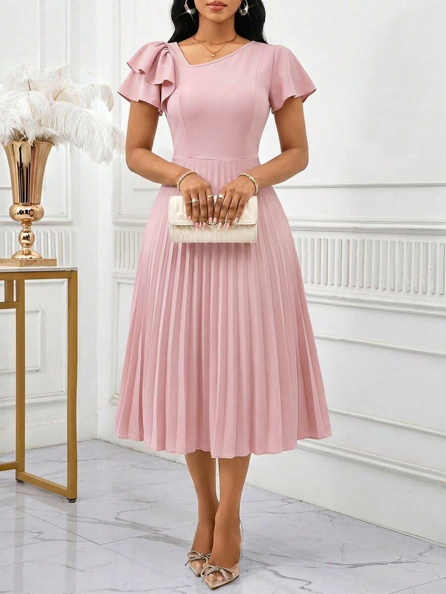 SHEIN Lady Elegant enfärgad asymmetrisk halsringning veckad mellanlång klänning för kvinnor - Rosa - Visa 1