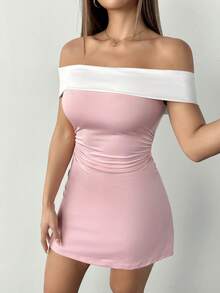 SHEIN PETITE Đầm ngắn nữ dáng ôm, màu trơn, phối nhiều mảnh, hở vai - Hồng - Xem 12