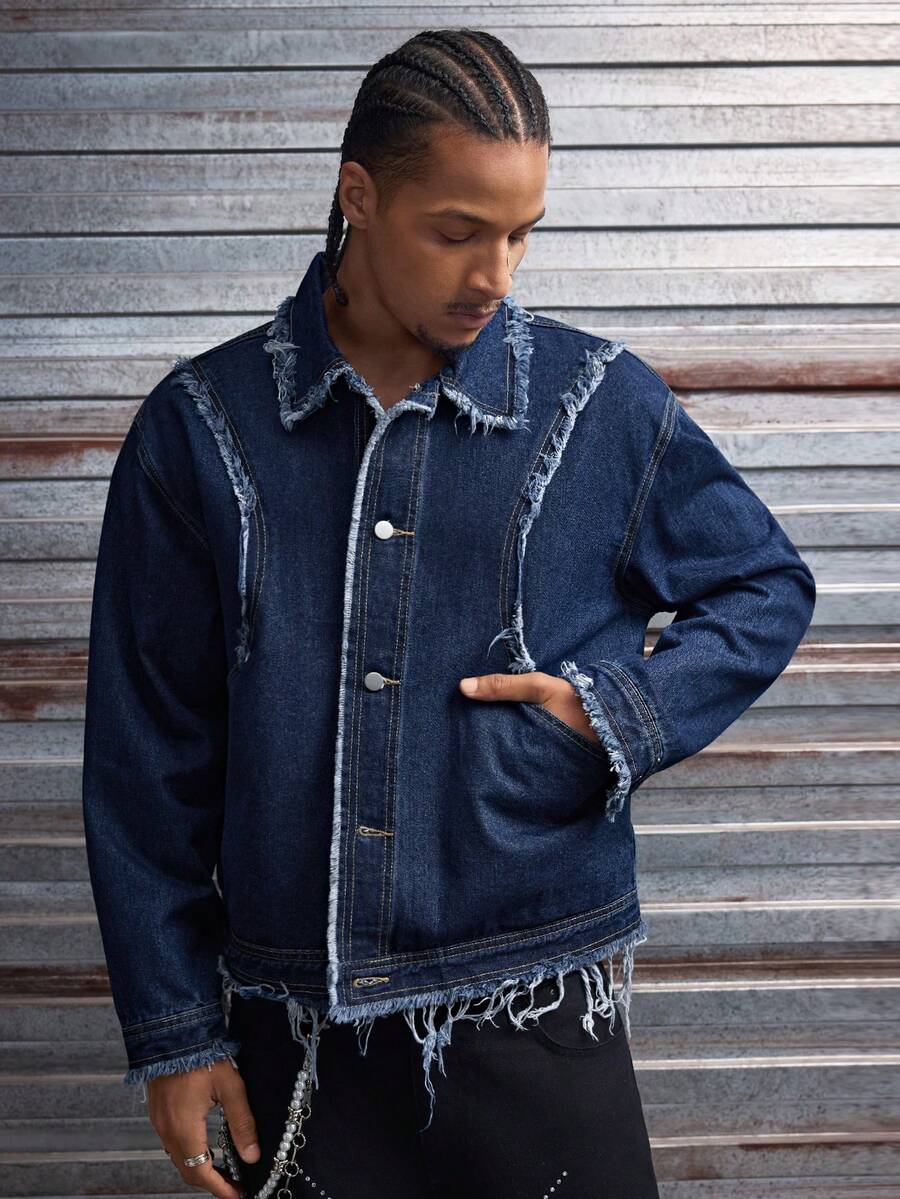 AXEPEAK Men's Distressed Denim Jacket With Frayed Edges, Fashionable And - Blue - View 1