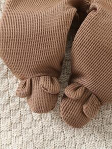 2件套新生儿华夫格纹开衫上衣和连脚裤套装，可爱小熊印花设计 - 卡其色 - 查看 6