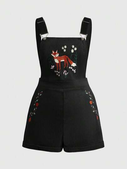 ROMWE Fairycore Plus Size Retro Forest Fox Embroidered Corduroy Jumpsuit