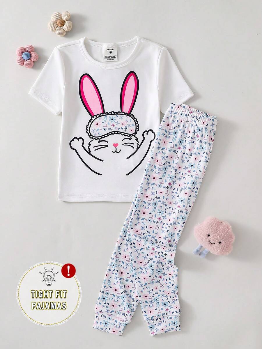 SHEIN GraphicGems 2件套 女童可爱花卉兔子印花打底裤和短袖连体衣睡衣套装 - 彩色 - 查看 1
