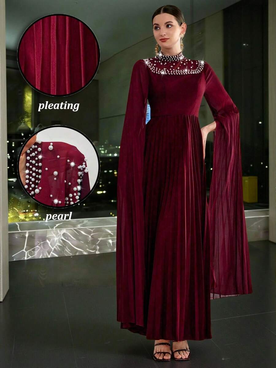 Elenzga 女士优雅浪漫精致奢华派对/聚会雪纺飘逸主教袖立领褶裥腰身连衣裙 - 酒紅色 - 查看 1