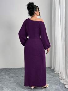 Modelyn 大码女士优雅派对连衣裙，简约纯色不对称领口，灯笼袖，金属扣腰带，鱼尾裙摆，修身款 - 紫色 - 查看 2
