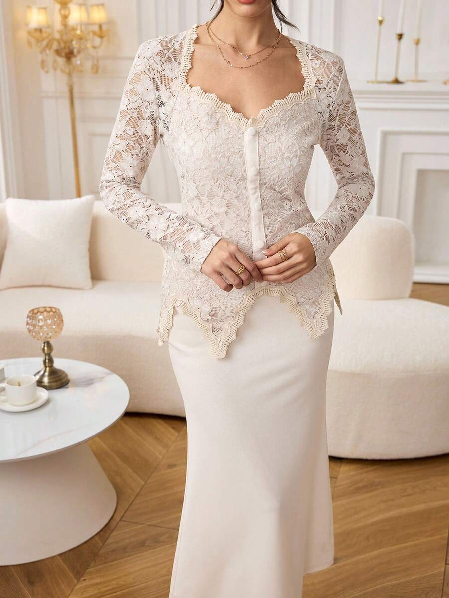 Modelyn Lace Patchwork Square Neck Button Waist Bodycon Midi Dress For Women - Apricot - View 1