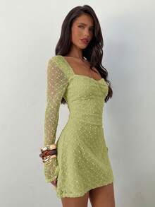 Aloruh Women's Elegant Square Neck Ruched Flare Sleeve Fitted A-Line Mini Dress Light Green Dress