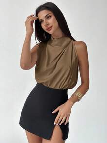 Firerie 女士优雅时尚新款通勤办公日常度假音乐节不对称褶皱杏色衬衫，春夏款 - 咖啡棕 - 查看 2